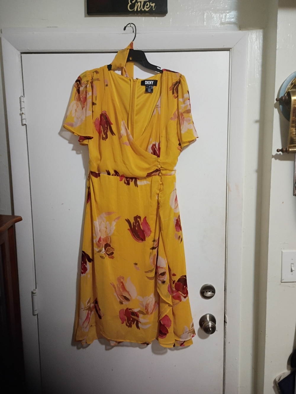 DKNY Mustard Yellow Floral Midi Wrap Dress